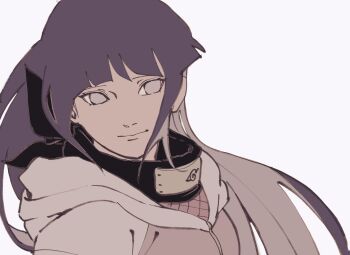 Rule 34 | 1girl, blunt bangs, breasts, closed mouth, fishnet top, fishnets, grey eyes, grey hoodie, headband around neck, highres, hime cut, hood, hood down, hoodie, hyuuga hinata, konohagakure symbol, light smile, long hair, medium breasts, naruto (series), naruto shippuuden, no pupils, pnpk 1013, purple hair, solo, straight hair, upper body, white background, white hood