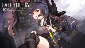 1girl absurdres animal_ears arknights baichu_(83216) ballistic_shield battlefield_(series) battlefield_6 black_jacket black_shorts black_thighhighs blue_hair blunt_bangs blush breasts cat_ears cat_girl character_name copyright_name embers green_eyes headset high_ponytail highres id_card jacket jessica_(arknights) jessica_the_liberated_(arknights) knee_pads long_hair open_clothes open_jacket open_mouth ponytail shield shorts sitting solo tearing_up teeth thighhighs upper_teeth_only