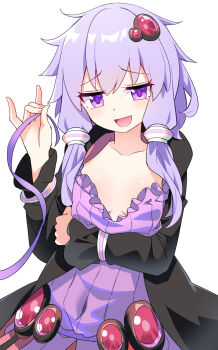 Rule 34 | 1girl, black jacket, breasts, clenched hand, commentary request, covered navel, dress, e.o., fingernails, hair between eyes, hair ornament, hair tubes, hand up, highres, holding, hood, hooded jacket, jacket, long sleeves, looking at viewer, open clothes, open jacket, open mouth, pink jacket, puffy long sleeves, puffy sleeves, purple dress, purple eyes, purple hair, short dress, short hair with long locks, sidelocks, simple background, small breasts, smile, solo, tongue, two-sided fabric, two-sided jacket, vocaloid, voiceroid, white background, wristband, yuzuki yukari