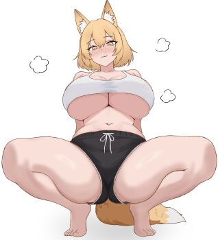 1girl animal_ear_fluff animal_ears bare_arms bare_legs bare_shoulders barefoot black_shorts blonde_hair blush breasts cleavage closed_mouth collarbone commentary_request crop_top fox_ears fox_girl fox_tail full_body hair_between_eyes highres huge_breasts looking_at_viewer navel nose_blush original peace_peace009 short_hair short_shorts shorts simple_background solo spread_legs squatting stomach tail tank_top thighs tiptoes underboob wavy_mouth white_background white_tank_top yellow_eyes
