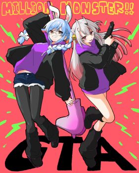 Rule 34 | 2girls, animal ear fluff, animal ears, arm up, bell, black boots, black jacket, black pantyhose, blue hair, blue shorts, boots, bow, braid, carrot hair ornament, commentary request, cutoffs, denim, denim shorts, drawstring, food-themed hair ornament, glasses, gradient hair, grey hair, grin, gun, hair bell, hair bow, hair ornament, highres, holding, holding gun, holding weapon, hololive, hololive grand theft auto, hood, hood down, hoodie, horns, jacket, jingle bell, kiritoma, long hair, long sleeves, multicolored hair, multiple girls, nakiri ayame, oni, open clothes, open jacket, pantyhose, pantyhose under shorts, puffy long sleeves, puffy sleeves, purple hoodie, rabbit ears, red background, red eyes, red hair, rocking horse, short shorts, shorts, smile, standing, standing on one leg, star (symbol), streaked hair, twin braids, twintails, two-tone hair, usada pekora, very long hair, virtual youtuber, weapon, white bow, white hair