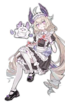 1girl ahoge aloupeep_(enna_alouette) blonde_hair blush commentary_request enna_alouette flower full_body grin hair_between_eyes hair_flower hair_ornament head_wings heart highres kneehighs long_hair looking_at_viewer low_twintails maid maid_headdress nijisanji nijisanji_en oneyife1 purple_eyes simple_background smile socks solo_focus twintails very_long_hair virtual_youtuber white_background wings