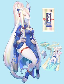 1girl 2girls animal_ears antlers blue_background blue_dress breasts china_dress chinese_clothes cleavage closed_eyes commentary_request curvy detached_sleeves dragon_ears dragon_girl dragon_tail dress full_body furry furry_female green_hair hair_ornament high_ponytail horns large_breasts long_hair multicolored_hair multiple_girls object_and_personification original personification pink_hair ponytail rikose scales side_slit simple_background sitting solo_focus streaked_hair tail tassel tassel_hair_ornament thigh_strap u_u very_long_hair water_slide white_hair