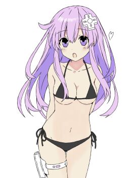 1girl arms_behind_back asuto110 bikini black_bikini breasts collarbone commentary cowboy_shot d-pad d-pad_hair_ornament hair_between_eyes hair_ornament heart highres holster light_blush long_hair looking_at_viewer medium_breasts micro_bikini navel nepgear neptune_(series) open_mouth purple_eyes purple_hair side-tie_bikini_bottom sidelocks solo swimsuit tareme thigh_holster very_long_hair