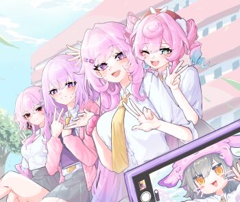 4girls :3 aqua_eyes aqua_hair blue_sky breasts brown_skirt castorice_(honkai:_star_rail) cellphone commentary crossed_legs cyrene_(demiurge)_(honkai:_star_rail) cyrene_(honkai:_star_rail) diamond-shaped_pupils diamond_(shape) english_commentary evernight_(honkai:_star_rail) hello_mem_world!_(honkai:_star_rail) highres honkai:_star_rail honkai_(series) hyacine_(honkai:_star_rail) large_breasts little_ica_(honkai:_star_rail) long_hair looking_at_viewer maengkkong-i march_7th_(honkai:_star_rail) medium_breasts medium_hair multicolored_hair multiple_girls necktie phone pink_hair purple_eyes purple_hair red_eyes school school_uniform shirt sitting skirt sky smartphone smile stelle_(honkai:_star_rail) symbol-shaped_pupils trailblazer_(honkai:_star_rail) tree twintails two-tone_hair very_long_hair w white_shirt yellow_necktie