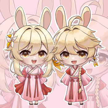 1boy 1girl :d aether_(genshin_impact) ahoge alternate_costume animal_ears bare_shoulders blonde_hair braid brother_and_sister chibi chibi_only commentary english_commentary flower genshin_impact hair_between_eyes hair_flower hair_ornament highres japanese_clothes kemonomimi_mode kimono kuraedo long_hair long_sleeves looking_at_viewer lumine_(genshin_impact) open_mouth pink_kimono rabbit_boy rabbit_ears rabbit_girl siblings smile twins yellow_eyes zoom_layer