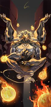 Rule 34 | 1boy, absurdres, arms up, artificial eye, banyue (zenless zone zero), claws, clothed robot, clothes around waist, corsa 24, extra arms, fire, floating, floating ball, full body, grey hair, grey tail, hashtag-only commentary, highres, humanoid robot, long hair, male focus, mechanical eye, mechanical hands, mechanical tail, metal skin, midair, orb, robot, robot boy, solo, tail, zenless zone zero