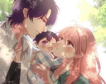 Rule 34 | 1girl, 2boys, ahoge, arthur morante, baby, carrying, carrying baby, carrying person, character request, commentary, english commentary, enjelicious, eye contact, gwen zalameda, hello baby (enjelicious), highres, long hair, looking at another, multiple boys, one eye closed, outdoors, pink hair, purple eyes, purple hair, red eyes, short hair, tree shade