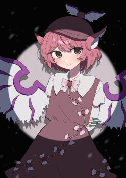 144udy 1girl absurdres arms_behind_back bird_girl bird_wings blush brown_dress brown_hat commentary dress earrings hat highres jewelry looking_at_viewer mystia_lorelei pinafore_dress pink_hair shirt short_hair sleeveless sleeveless_dress smile solo touhou white_shirt wings