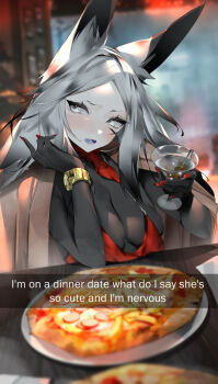 Rule 34 | 1girl, animal ears, averting eyes, black bodysuit, bodysuit, bodysuit under clothes, breasts, cleavage, cocktail glass, colored skin, colored tongue, cup, dress, drinking glass, dyarikku, dyarikku (vtuber), english text, facial mark, food, fox ears, fox girl, highres, holding, holding cup, indie virtual youtuber, indoors, long hair, medium breasts, olive, open mouth, pizza, plate, purple tongue, red dress, red nails, restaurant, skin tight, table, very long ears, very long hair, virtual youtuber, white skin, x (symbol), x facial mark