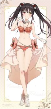 1girl aliasing bikini black_hair blush breasts clock_eyes date_a_live female_focus flower frilled_bikini frills gloves heterochromia highres jewelry long_hair medium_breasts necklace official_art orange_bikini red_eyes smile solo swimsuit symbol-shaped_pupils tokisaki_kurumi yellow_eyes