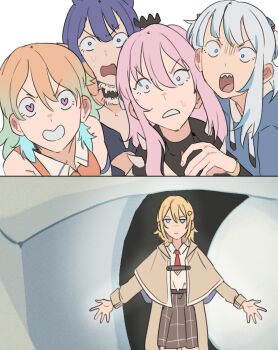 5girls addendium blonde_hair blue_eyes blue_hair brown_capelet brown_coat brown_skirt capelet closed_mouth coat collared_shirt commentary easter english_commentary flat_color fur_choker gawr_gura gawr_gura_(1st_costume) gradient_hair hair_between_eyes hair_ornament heart heart-shaped_pupils highres hololive hololive_english holomyth light_smile long_hair looking_at_viewer medium_hair monocle mori_calliope mori_calliope_(1st_costume) multicolored_hair multiple_girls necktie ninomae_ina&#039;nis ninomae_ina&#039;nis_(1st_costume) open_hands orange_hair outstretched_arms pink_hair plaid_clothes plaid_skirt pleated_skirt purple_eyes purple_hair red_necktie resurrection shark_girl sharp_teeth shirt shirt_tucked_in sidelocks skirt smile spread_arms standing surprised sweatdrop symbol-shaped_pupils takanashi_kiara takanashi_kiara_(1st_costume) teeth tentacle_hair two-tone_hair upper_teeth_only virtual_youtuber watson_amelia watson_amelia_(1st_costume) white_shirt