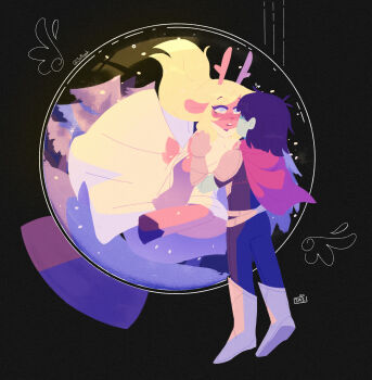 1girl 1other absurdres androgynous animal_ears animal_nose antenna_hair antlers armor belt black_background black_unitard blonde_hair blue_eyes blue_hair blue_skin breastplate bright_pupils brown_fur buck_teeth cape colored_skin commentary crossed_belts deer_antlers deer_ears deer_girl deltarune ear_piercing english_commentary floating floating_hair freckles full_body furry furry_female gauntlets grey_belt hair_over_eyes highres holding_hands hooves horns in_container in_snow_globe jxitrash knee_armor kris_(dark_world)_(deltarune) kris_(deltarune) long_hair long_sleeves noelle_holiday noelle_holiday_(dark_world) piercing pine_tree pink_cape robe shaded_face short_hair shoulder_armor sidelocks snow_globe snow_on_tree teeth tree unitard upper_teeth_only utdr_(toby_fox) weird_route_(deltarune) white_pupils white_robe wide_sleeves winter