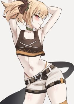 1girl absurdres arm_behind_head armpits arms_up belt black_belt black_tank_top blonde_hair blush brown_hair buckle collar contrapposto cowboy_shot crop_top gigi_murin gigi_murin_(chatacabra) grin hashtag-only_commentary heart heart-shaped_buckle highleg highleg_panties highres hololive hololive_english looking_at_viewer multicolored_hair navel nurizza_ilst official_alternate_costume official_alternate_hairstyle orange_panties panties panty_straps pink_eyes profile short_shorts shorts sideways_glance simple_background smile solo spiked_collar spikes standing tail tank_top turning_head two-tone_hair underwear virtual_youtuber white_background white_shorts