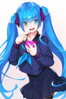Rule 34 | 1girl, black thighhighs, blue eyes, blue hair, blue neckerchief, blue serafuku, blue shirt, blue skirt, blue theme, box, commentary request, cowboy shot, gradient background, hatsune miku, heart-shaped box, highres, long hair, long sleeves, miniskirt, neckerchief, open mouth, pleated skirt, school uniform, serafuku, shirt, skirt, smile, solo, teeth, thighhighs, twintails, upper teeth only, valentine, vocaloid, wacchi