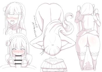 1girl :>= apologizing ass bar_censor blindfold blush bottomless bow braid breasts censored cleft_of_venus crown_braid cube dogeza elf emilia_(re:zero) fellatio flower from_behind hair_flower hair_ornament hairclip japanese_text kyuubu large_penis long_hair looking_at_viewer multiple_views nude open_mouth oral panties penis pointy_ears presenting pussy_juice pussy_juice_drip re:zero_kara_hajimeru_isekai_seikatsu saliva thighhighs tongue tongue_out top-down_bottom-up translated underwear unworn_clothes unworn_panties very_long_hair