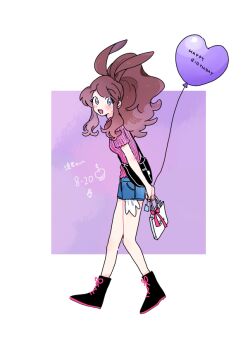 1girl :d bag balloon black_bag blush boots brown_hair commentary_request curly_hair denim denim_shorts eyelashes from_side full_body grey_eyes hagetapo handbag high_ponytail hilda_(pokemon) holding holding_bag holding_string long_hair looking_at_viewer looking_to_the_side nintendo open_mouth pokemon pokemon_bw ponytail purple_shirt shirt short_shorts short_sleeves shorts sidelocks smile solo standing string tongue white_bag