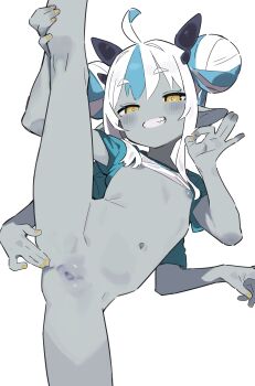 1girl borrowed_character censored colored_skin commentary_request double_bun extra_arms flat_chest grey_skin grin hair_bun highres loli matcha_(mattyan) mosaic_censoring multicolored_hair navel nipples ok_sign original pussy simple_background smile solo split standing standing_on_one_leg standing_split white_background yellow_nails