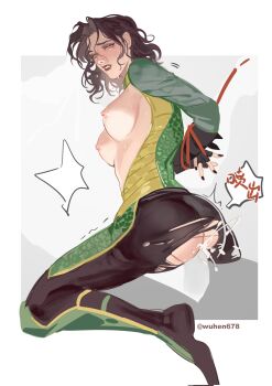 Rule 34 | 1boy, 1girl, armor, ass, bdsm, black gloves, black hair, black lips, black nails, black pants, blue eyes, bondage, bound, bound arms, broken armor, commentary, cowgirl position, cum, fingerless gloves, girl on top, gloves, gold armor, green armor, green shirt, grey background, hetero, highres, lady loki, loki (marvel), looking back, marvel, medium hair, nipples, pants, parted bangs, parted lips, scale armor, sex, shibari, shin guards, shirt, silhouette, sketch, solo focus, straddling, sweat, symbol-only commentary, thor (marvel) (series), torn clothes, torn pants, twitter username, wuhen678