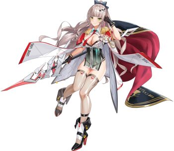 1girl ark_re:code bare_hips blunt_bangs breasts cloak closed_mouth epaulettes full_body game_cg gloves green_eyes grey_hair high_heels highres holding holding_polearm holding_weapon long_hair looking_at_viewer medium_breasts military_uniform necktie non-web_source official_art pelvic_curtain polearm skindentation smile solo tachi-e thighhighs transparent_background tsurime very_long_hair weapon