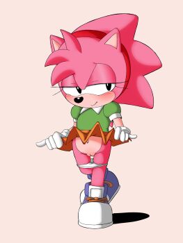 1girl amy_rose animal animal_ears black_eyes blush classic_amy_rose clothes_lift flat_chest furry green_shirt hairband hedgehog hedgehog_girl highres jupiter_orange loli navel orange_skirt panties panty_pull pink_fur pink_hair puffy_sleeves purple_shoes pussy sega shirt shoes short_hair short_sleeves skirt skirt_lift sneakers sonic_(series) spiked_hair underwear walking white_panties