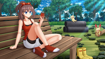 Rule 34 | 1girl, bare arms, bare shoulders, bench, bike shorts, black shorts, blue eyes, blue sky, boots, breasts, brown hair, camisole, cleavage, closed mouth, cloud, collarbone, commentary, commission, day, english commentary, gen 3 pokemon, hair ribbon, hairband, hand up, high ponytail, highres, holding, industrial pipe, kazenokaze, may (pokemon), medium breasts, minun, mountain, nintendo, on bench, outdoors, park bench, plusle, pokemon, pokemon (creature), pokemon oras, ponytail, red camisole, red hairband, red ribbon, red socks, ribbon, seesaw, short shorts, shorts, shorts under shorts, sky, smile, socks, solo focus, tree, unworn boots, white shorts, yellow boots