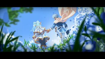 1boy 1girl absurdres artist_logo black_eyes black_thighhighs blue_flower blue_hair blue_jacket blue_sky boots brown_boots cape capelet cloud commentary dress earrings elf english_commentary facing_away falling_petals floating_cape flower frieren from_behind grass grey_hair highres himmel_(sousou_no_frieren) holding_hands jacket jewelry jolseon logo long_hair mole mole_under_eye open_mouth outdoors pants petals pointy_ears scabbard sheath sheathed short_hair sky sousou_no_frieren standing sword teardrop_earrings teeth thighhighs turning_head twintails upper_teeth_only weapon white_cape white_capelet white_dress white_pants wind