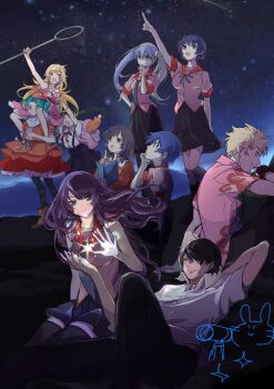 2boys 6+girls :d ahoge aqua_eyes aqua_hair aqua_thighhighs araragi_koyomi arm_behind_head arm_up backpack bag black_gloves black_hair black_necktie black_pants black_ribbon black_skirt black_socks black_thighhighs blonde_hair blue_eyes blue_hair blunt_bangs blush_stickers book boots breasts brown_eyes brown_hair butterfly_net carrying carrying_person center_frills choppy_bangs clenched_hand closed_eyes collared_jacket collared_shirt contrast_collar diagonal-striped_thighhighs doodle_inset dress expressionless fangs fingerless_gloves floating_hair floral_print floral_print_shirt frilled_dress frills gloves googly_eyes gradient_clothes gradient_dress green_ribbon grey_eyes grey_hair hachikuji_mayoi hair_ornament hair_over_one_eye hair_ribbon hairband hairclip hand_net hand_on_own_chin hand_on_own_hip hand_up hands_on_another's_back hanekawa_tsubasa hat hawaiian_shirt highres holding holding_book holding_butterfly_net index_finger_raised jacket kanbaru_suruga knee_up large_breasts layered_dress light_blush long_hair looking_at_another looking_up lying medium_breasts medium_hair messy_hair monogatari_(series) multicolored_thighhighs multiple_boys multiple_girls naoetsu_high_school_uniform neck_ribbon necktie night oikura_sodachi on_back ononoki_yotsugi open_clothes open_hand open_mouth open_shirt orange_dress orange_hat orange_jacket oshino_meme oshino_shinobu pants pink_bag pink_dress pink_shirt pleated_skirt pointing pointing_up purple_hair pushing red_dress red_ribbon red_trim ribbon rubber_boots school_bag school_uniform sengoku_nadeko senjougahara_hitagi shirt short_hair short_twintails shoulder_carry sidelocks sitting skirt sky sleeveless sleeveless_dress small_breasts smile socks sparkle star_(sky) starry_sky strap_slip striped_clothes striped_thighhighs suspender_skirt suspenders sweatdrop thighhighs twintails two-tone_thighhighs usa003uni white_hairband white_shirt yellow_boots yellow_eyes zettai_ryouiki