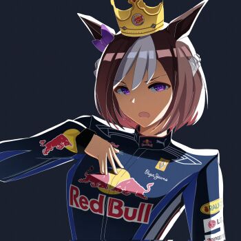 1girl animal_ears black_racing_suit bow braid brown_hair burger_king burger_king_crown crown ear_bow formula_one hair_between_eyes half_up_braid hashtag-only_commentary highres horse_ears horse_girl multicolored_hair open_mouth purple_bow purple_eyes racing_suit red_bull short_hair simple_background special_week_(umamusume) toyeeta_prius two-tone_hair umamusume white_hair