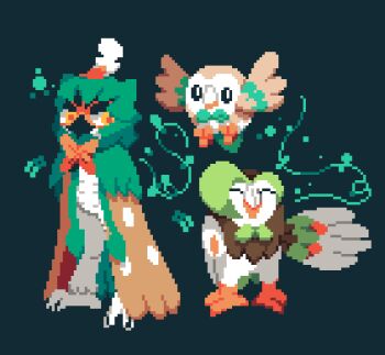 absurdres animal_focus beak bird black_eyes bright_pupils dartrix decidueye evolutionary_line full_body gen_7_pokemon green_background highres hood hoodie nintendo owl pixel_art pokemon pokemon_(creature) rowlet simple_background standing vensprites white_pupils wings yellow_eyes