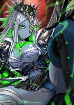 absurdres bandages black_skirt blue_panties blue_skin breasts cameltoe center_opening chest_sarashi colored_skin commentary_request duel_monster green_eyes hat highres jewelry large_breasts midriff_peek necklace panties pantyshot pendant sarashi shiina_aono skirt souffraruda_the_defiant_soulclad_scripture thighhighs underwear white_hair yu-gi-oh! yu-gi-oh!_rush_duel