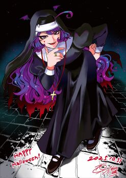1boy 2025 ahoge bat_wings black_dress black_veil cross cross_necklace crossdressing crossdressing_(mtf) dress eyelashes guimpe hand_on_own_hip happy_halloween head_wings highres jewelry juliet_sleeves latin_cross long_hair long_sleeves mairimashita!_iruma-kun makeup male_focus mary_janes mascara necklace nishi_osamu nun official_art puffy_sleeves purple_hair red_eyes ring shoes smile solo suzuki_iruma traditional_nun trap veil wavy_hair wings