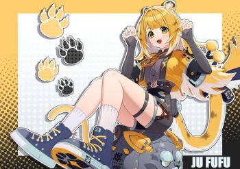 1girl 1other absurdres animal_ear_fluff animal_ears black_border black_shorts blonde_hair blue_shoes border bow character_name clothing_cutout colored_inner_hair fang fingerless_gloves gloves green_eyes grey_shirt high-waist_shorts highres hu_wei_(zenless_zone_zero) jacket ju_fufu long_hair looking_at_viewer medallion multicolored_hair open_mouth orange_fur paw_pose paw_print sasa_(ogen9852) shirt shoes shorts side_cutout sitting sitting_on_object socks striped_fur striped_hair tail tail_bow tail_ornament thigh_strap tiger_ears tiger_girl tiger_stripes tiger_tail white_background white_socks yellow_border yellow_jacket zenless_zone_zero
