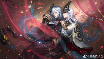 2girls armor beads black_bodysuit black_gloves black_mask black_vest blue_eyes bodysuit breasts chinese_clothes closed_mouth clothing_cutout cowboy_shot curtains dual_persona earrings eyelashes falling_petals feather_hair_ornament feathers fingerless_gloves flame_print flower_knot genshin_impact gloves grey_hair hair_ornament hair_over_one_eye hair_spread_out hanfu highres holding_hands indoors jewelry large_breasts light_blush light_rays lipstick long_hair long_sleeves lying makeup mask mask_on_head multiple_girls navel on_back petals realistic red_lips red_ribbon ribbon ribbon_earrings shenhe_(genshin_impact) side_slit smile stage stomach_cutout swept_bangs tassel tassel_earrings tight_clothes very_long_hair vest white_hanfu wide_sleeves wooden_floor ye_dian_pikaqiu