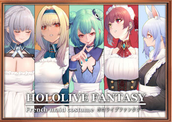 5girls alternate_costume animal_ears apron blonde_hair blue_hair bodice braid breasts choker cleavage cleavage_cutout closed_eyes clothing_cutout crown_braid detached_collar double_bun elf english_text enmaided facing_to_the_side finger_to_mouth framed green_hair hair_bun hair_ornament heterochromia highres hololive hololive_fantasy houshou_marine looking_at_viewer looking_away maid maid_apron maid_headdress mikan_(chipstar182) multiple_girls open_mouth pointy_ears rabbit_ears red_eyes red_hair shiranui_flare shiranui_flare_(old_design) shirogane_noel silver_hair skull_hair_ornament smile smirk tongue tongue_out uruha_rushia usada_pekora virtual_youtuber yellow_eyes