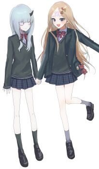 2girls abigail_williams_(fate) abigail_williams_(over_the_same_sky)_(fate) absurdres bandaid bandaid_on_face bandaid_on_forehead black_jacket black_shoes black_sweater blonde_hair blue_eyes blue_skirt blush bow bowtie breasts collared_shirt commentary_request crossed_bandaids fate/grand_order fate_(series) forehead full_body hair_ornament haru_(jfwh2842) highres holding_hands horns jacket lavinia_whateley_(fate) lavinia_whateley_(over_the_same_sky)_(fate) loafers long_hair long_sleeves looking_at_another looking_at_viewer looking_to_the_side multiple_girls open_mouth parted_bangs plaid_clothes plaid_skirt purple_eyes red_bow red_bowtie sharp_teeth shirt shoes single_horn skirt small_breasts smile socks stuffed_animal stuffed_toy sweater teddy_bear teeth white_hair white_shirt wide-eyed