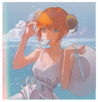 1girl alternate_costume arm_up bare_arms blue_eyes border breasts bun_cover cleavage cloud cloudy_sky collarbone day double_bun dress food gintama hair_bun hat highres holding holding_unworn_clothes holding_unworn_hat kagura_(gintama) looking_at_viewer mouth_hold ocean orange_hair outdoors popsicle short_hair sky sleeveless sleeveless_dress small_breasts solo sui_liang_sui_yui sundress unworn_hat unworn_headwear upper_body white_border white_dress white_hat