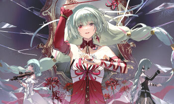 1girl absurdres arm_up bandaged_arm bandages black_dress black_gloves braid breasts broken_glass collarbone commentary detached_sleeves dress earrings flower glass gloves grey_eyes grey_hair halter_dress halterneck heterochromia highres holding holding_flower instrument jewelry long_hair looking_at_viewer low_twin_braids medium_breasts mirror multicolored_hair multiple_persona music nail_polish parted_lips phrolova_(wuthering_waves) playing_instrument purple_eyes red_dress red_eyes red_nails revision single_detached_sleeve smile spider_lily streaked_hair twin_braids violin white_dress wuthering_waves zhongyuanqing