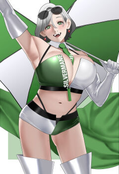 1girl absurdres armpits bandeau boots breasts cleavage detached_collar earrings elbow_gloves eyewear_on_head gloves gradient_hair green_bandeau green_necktie green_shorts grey_hair highleg highleg_panties highres holding holding_umbrella jewelry keto_prague large_breasts mole mole_on_breast mole_on_thigh mole_under_mouth multicolored_hair navel necktie open_mouth original panties race_queen shiny_clothes short_hair short_shorts shorts sunglasses thigh_boots two-tone_bandeau two-tone_shorts umbrella underwear unzipped white_bandeau white_gloves white_hair white_shorts zipper zipper_pull_tab
