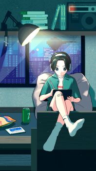 1girl 7up anglerfish animated animated_gif bag_of_chips bandaid bandaid_on_knee bandaid_on_leg bean_bag_chair black_hair blinking blue_shirt book bright_pupils can city cityscape dithering drawing drink_can expressionless feet fish headphones highres indoors lamp looping_animation manta_ray narume open_clothes open_shirt original parted_bangs pixel_art shirt short_shorts shorts socks soda_can solo stylus tablet_pc underwater white_pupils white_socks window