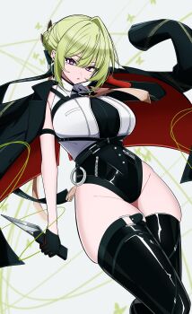 Rule 34 | absurdres, black jacket, black pants, blonde hair, breasts, chest harness, collared shirt, commentary request, elbow gloves, evelyn chevalier, gloves, gunjou desu!, half gloves, harness, highres, holding, holding knife, jacket, jacket on shoulders, knife, large breasts, long ribbon, mole, mole under eye, necktie, pants, parted lips, purple eyes, shirt, single elbow glove, single half glove, thighhighs, tight clothes, tight pants, white shirt, yellow necktie, zenless zone zero, zettai ryouiki