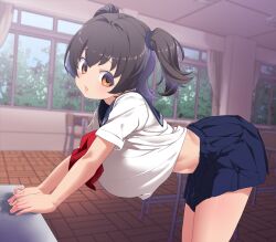 Rule 34 | 1girl, :o, aged up, akagi miria, bare legs, blue skirt, blush, breasts, brown hair, chair, classroom, commentary request, cropped shirt, desk, huge breasts, idolmaster, idolmaster cinderella girls, indoors, leaning forward, looking at viewer, midriff, neckerchief, pleated skirt, red neckerchief, school chair, school desk, school uniform, serafuku, shift (waage), shirt, short sleeves, sideways glance, skirt, solo, thighs, two side up, white shirt