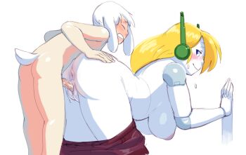 1boy 1girl against_wall age_difference android anus ass blonde_hair blush breasts cleft_of_venus clothes_pull curly_brace doggystyle doukutsu_monogatari from_behind hetero joints mimiga noill pants pants_pull pussy robot_ears robot_joints sex sex_from_behind shota tail topless_female uncensored vaginal