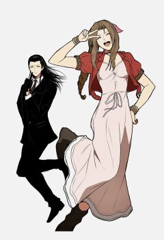 1boy 1girl aerith_gainsborough bindi black_gloves black_hair black_suit boots bracelet breasts brown_hair buttons choker closed_eyes cropped_jacket dress dress_shoes final_fantasy final_fantasy_vii final_fantasy_vii_remake finger_to_own_chin formal_clothes full_body gloves grey_background hair_ribbon hair_slicked_back hand_on_own_hip highres igusaharu jacket jewelry long_dress medium_breasts medium_hair necktie open_mouth parted_bangs pink_dress red_jacket ribbon shirt sidelocks smile square_enix suit teeth tseng turks_(ff7) upper_teeth_only v wavy_hair white_shirt