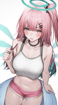 1girl absurdres ambriel_(arknights) aqua_halo aqua_wings arknights armpit_crease blush breasts camisole collarbone commentary_request commission detached_wings dolphin_shorts energy_wings food hair_intakes hair_ornament halo highres holding holding_food holding_pocky infection_monitor_(arknights) large_breasts long_hair looking_at_viewer midriff navel one_side_up open_mouth pink_eyes pink_hair pink_shorts pixiv_commission pocky short_shorts shorts simple_background solo stomach tab_head textless_version white_background white_camisole wings
