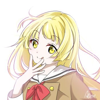 1girl aose_ao bang_dream! bang_dream!_girls_band_party! blonde_hair commentary_request hanasakigawa_school_uniform highres long_hair long_sleeves looking_at_viewer sailor_collar school_uniform signature simple_background smile solo tongue tongue_out tsurumaki_kokoro upper_body white_background white_sailor_collar yellow_eyes