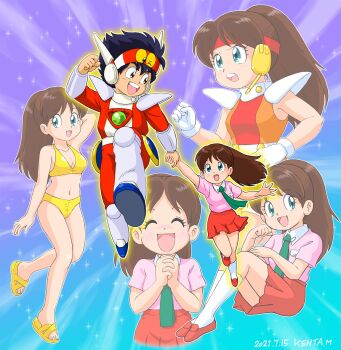 Rule 34 | 1boy, 1girl, ^ ^, agedaman, arm behind head, arm up, artist name, bare arms, belt, bikini, black hair, blue eyes, blue shoes, breasts, brown eyes, brown hair, cleavage, closed eyes, collared shirt, commentary request, dated, genji agedama, genji tsuushin agedama, gloves, green necktie, hand up, hands up, headband, headset, heike ibuki, highres, holding hands, interlocked fingers, long hair, looking at another, looking at viewer, looking back, mizutani kenta, multiple views, necktie, open mouth, orange shirt, own hands clasped, own hands together, pants, pink shirt, pleated skirt, ponytail, red headband, red pants, red shirt, red shoes, red skirt, sandals, school uniform, shirt, shoes, short hair, short sleeves, shoulder pads, sitting, skirt, sleeveless, sleeveless shirt, small breasts, smile, socks, standing, standing on one leg, super ibuki, swimsuit, teeth, upper teeth only, white belt, white gloves, white socks, yellow bikini