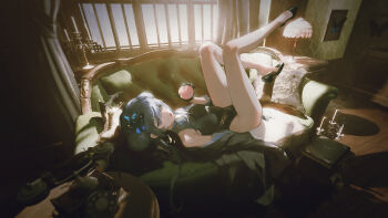 1girl absurdres antique_phone bare_hips bare_legs bare_shoulders black_dress black_gloves black_hair black_shoes blue_archive blue_eyes book breasts bug butterfly butterfly_hair_ornament candle china_dress chinese_clothes coat colored_skin couch curtains desk_lamp double_bun dress eating food food_bite fruit gjygyao gloves grey_halo gun hair_bun hair_ornament halo handgun highres holding holding_food holding_fruit holding_gun holding_weapon indoors insect kisaki_(blue_archive) lamp leg_up legs_up looking_at_viewer low_block_heels no_panties on_couch open_mouth peach phone pillow rotary_phone scenery shoe_dangle shoes small_breasts sunlight twintails victorian weapon white_skin window