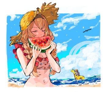 2girls 9urodine :d bare_arms bare_shoulders beach bikini bird black_hairband blue_bikini blue_sky border bow braid breasts brown_hair cleavage closed_eyes cloud day eating fingernails floral_print food frilled_bikini frills fruit hair_bow hairband hands_up hat highres holding holding_food holding_fruit holding_watermelon inflatable_toy low_twin_braids low_twintails medium_breasts multicolored_bikini multiple_girls nail_polish navel necktie ocean official_alternate_costume official_alternate_hairstyle open_mouth orange_necktie outdoors outside_border print_bikini purple_bow red_bikini red_bow saijou_claudine shoujo_kageki_revue_starlight shoujo_kageki_revue_starlight_-re_live- sky smile stomach straw_hat sun_hat sunglasses swimsuit tendou_maya twin_braids twintails two-tone_bikini upper_body watermelon watermelon_slice wet white_bikini white_border