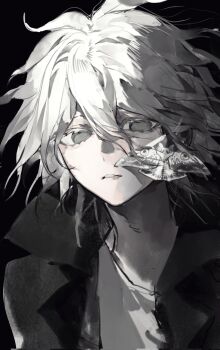Rule 34 | 1boy, black background, commentary, corrupted twitter file, danganronpa (series), danganronpa 2: goodbye despair, hair between eyes, high collar, highres, jacket, komaeda nagito, male focus, messy hair, parted lips, shirt, short hair, simple background, solo, symbol-only commentary, teeth, white hair, white shirt, yukii masako